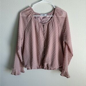 Jack by BB Dakota Swiss Dot V-Neck Long Sleeve Button Up Blouse Pink Boho Small